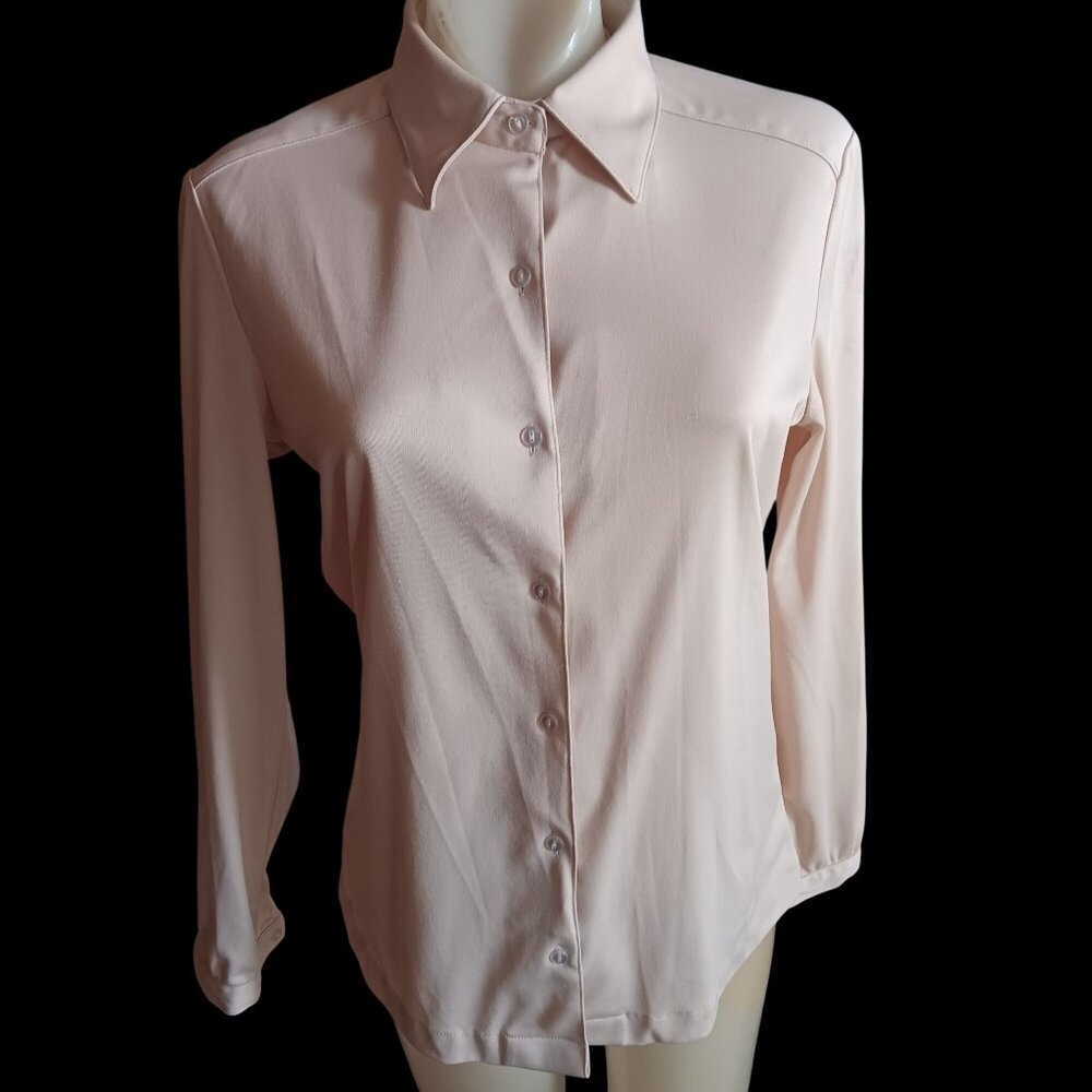 Vintage Womens Medium Blouse Secreatry Light Pink Stretchy Poly Granny 1970's